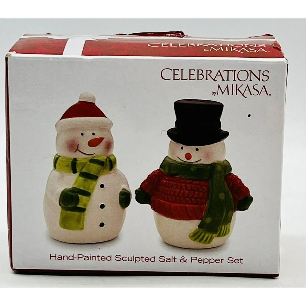 Celebrations By Mikasa Snowmen Salt Pepper Shakers Hand‎ Painted Ceramic Winter